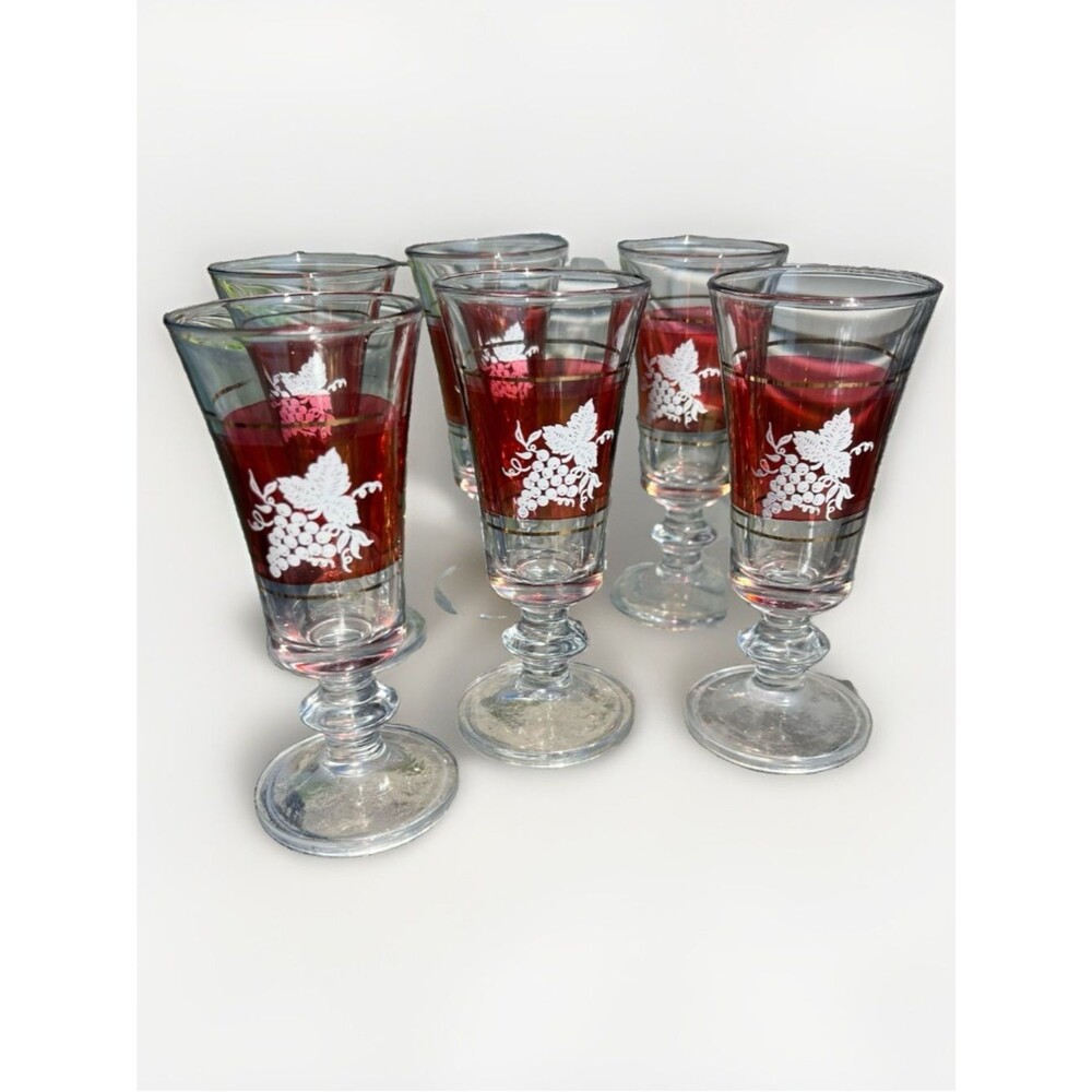 Vintage Italian Lubiana Apertif Cordial Glass w/Grapes Holiday Red Gold SET OF 6